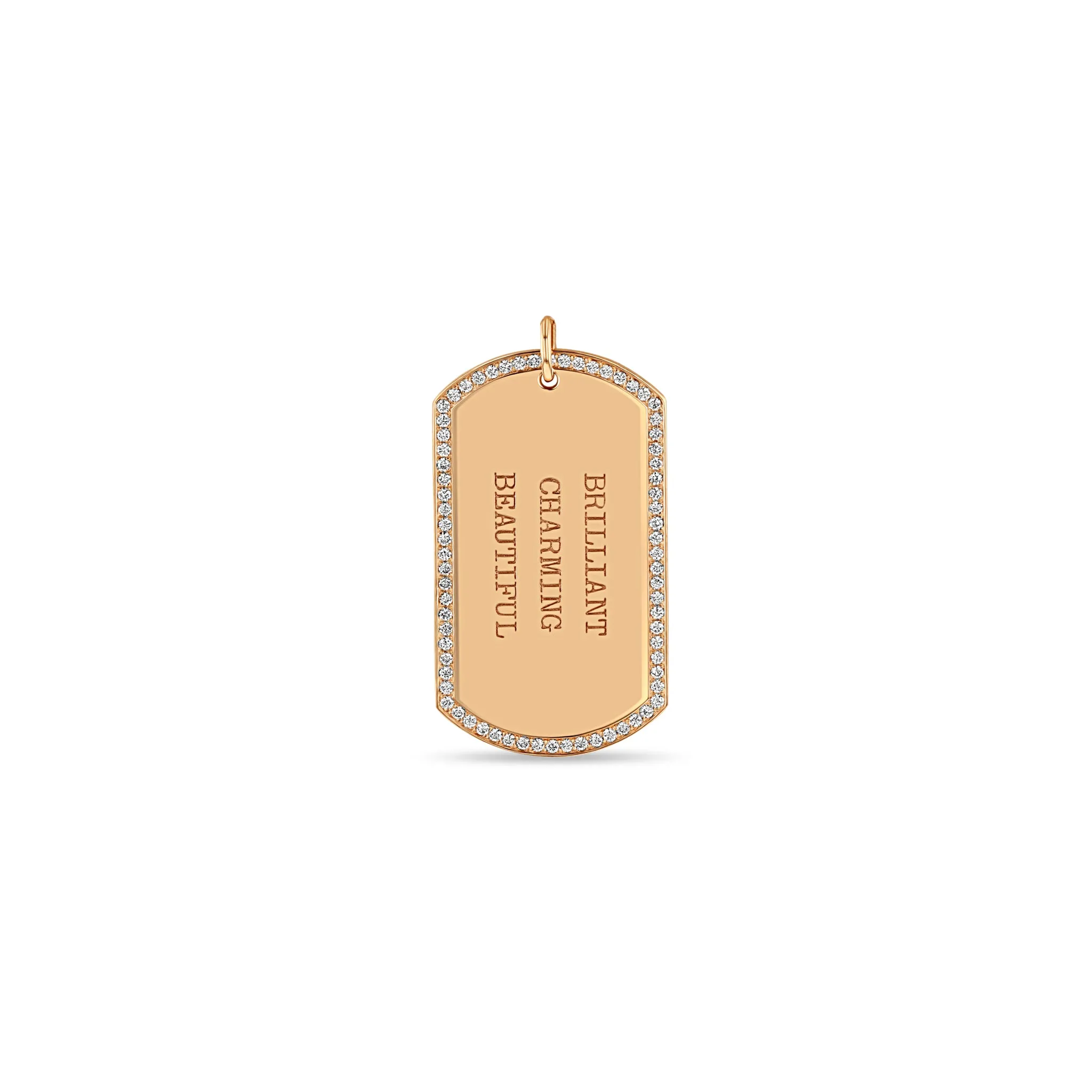 14k Single Large Engraved Dog Tag with Pavé Diamond Border Pendant