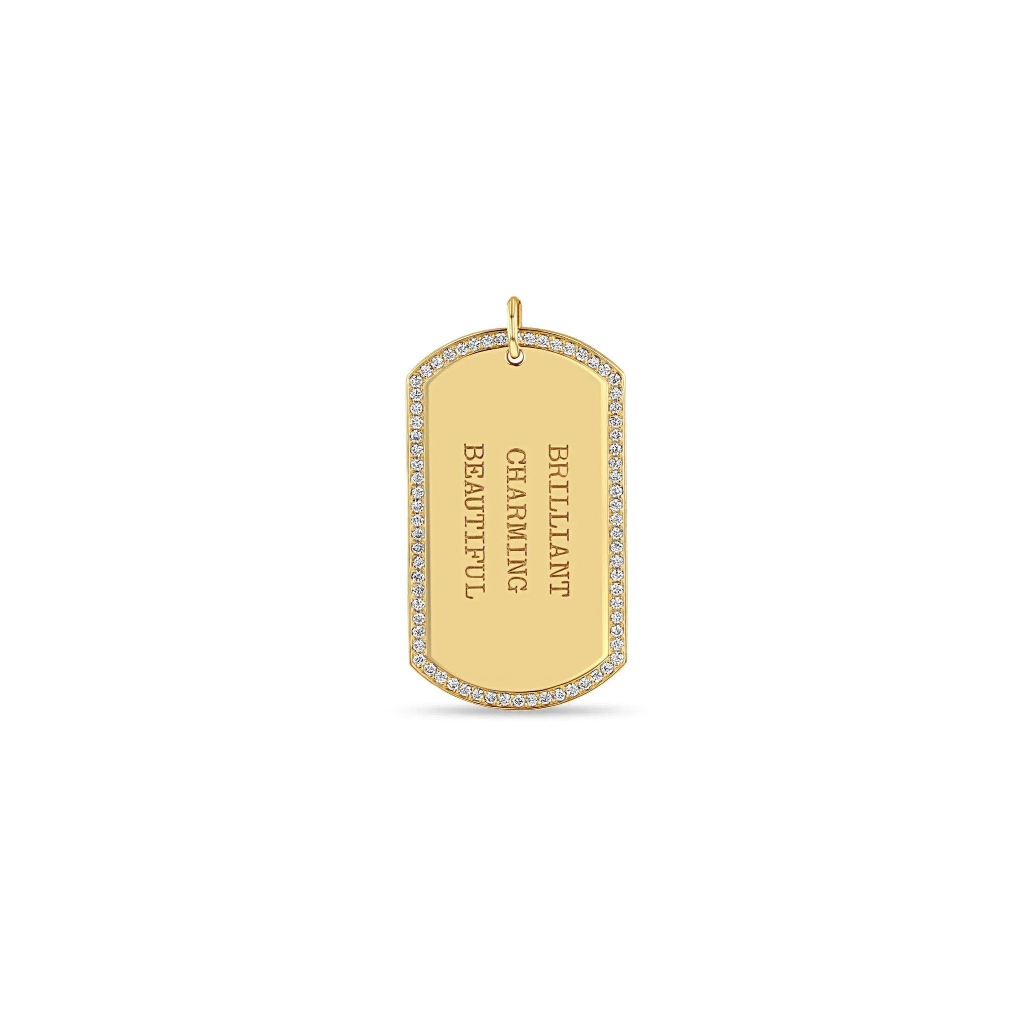 14k Single Large Engraved Dog Tag with Pavé Diamond Border Pendant