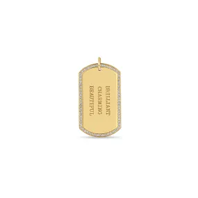 14k Single Large Engraved Dog Tag with Pavé Diamond Border Pendant