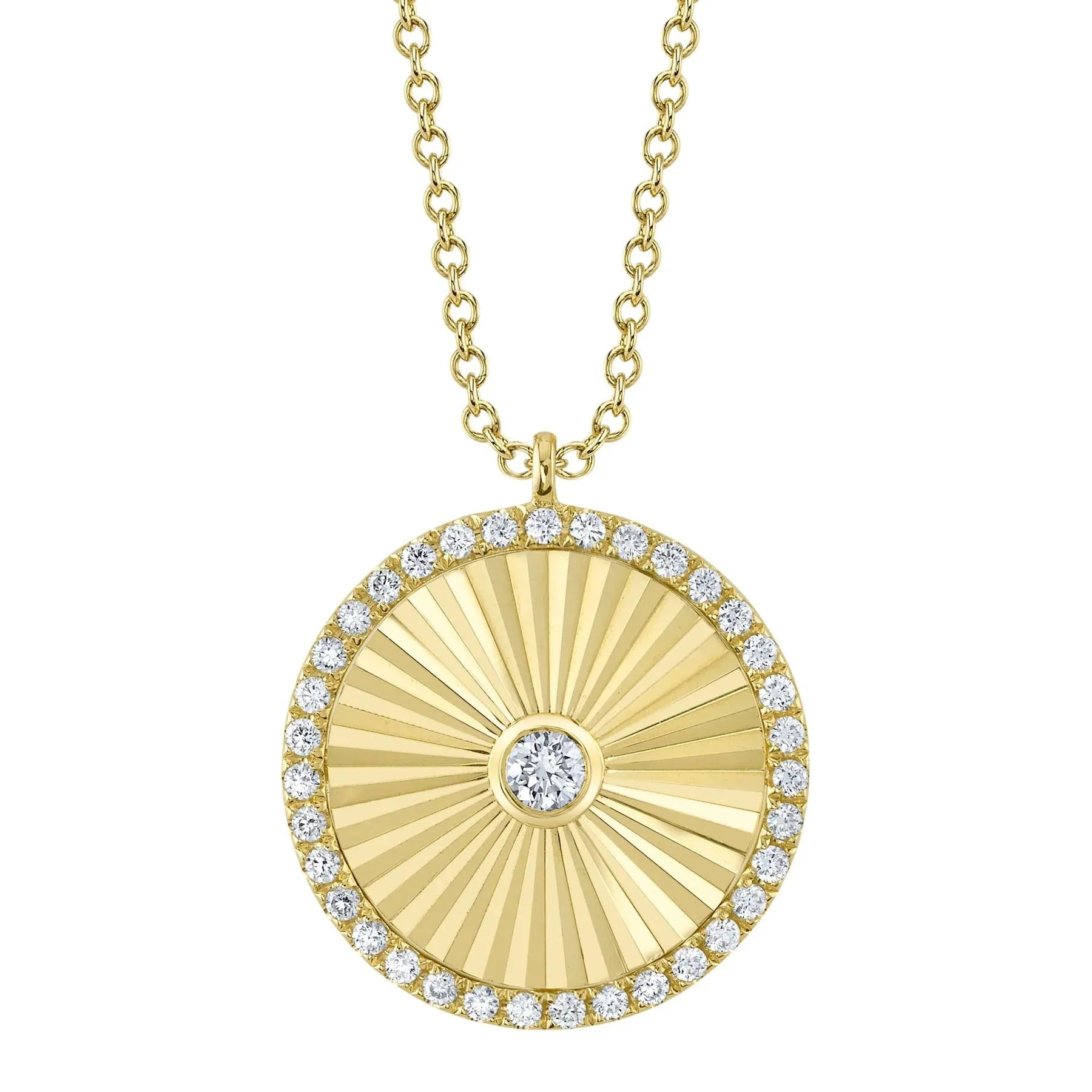 14K Yellow Gold Diamond Fluted Round Pendant Necklace