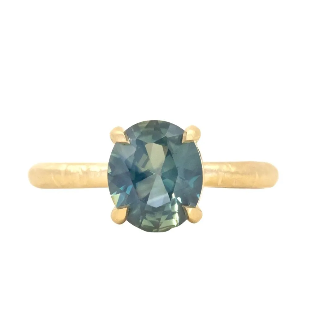 2.20ct Oval Silky Nigerian Sapphire Low Profile 4 Prong Evergreen Solitaire in 18k Yellow Gold