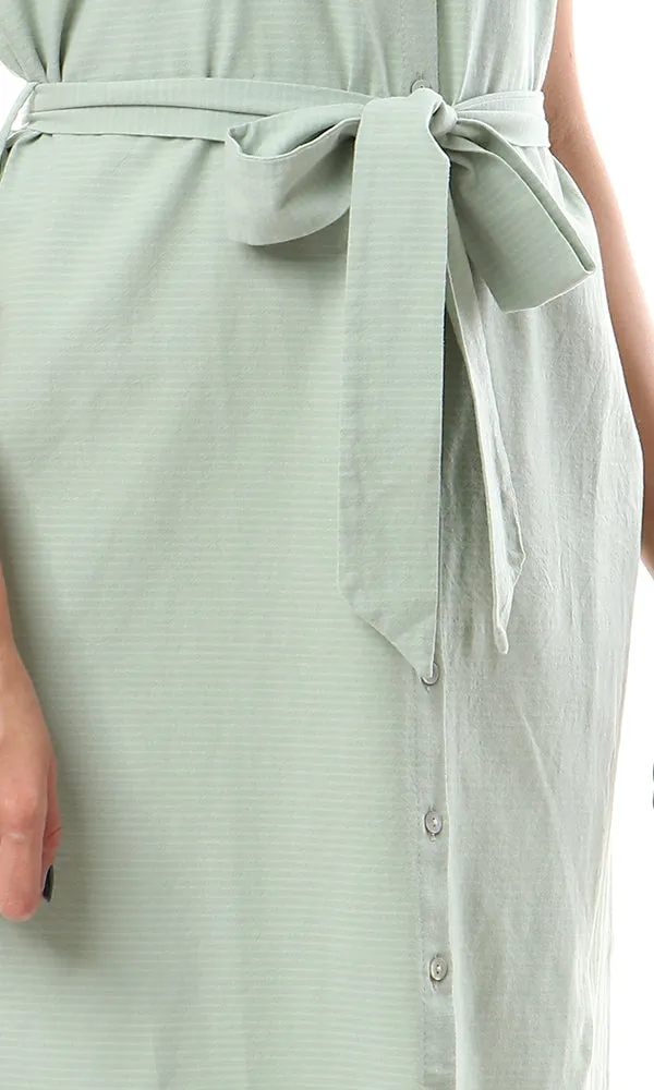 57258 Self Horizontal Stripe Side Slitted Mint Green Long Shirt