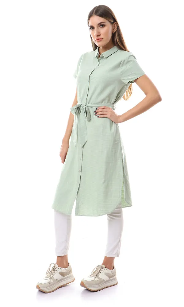 57258 Self Horizontal Stripe Side Slitted Mint Green Long Shirt