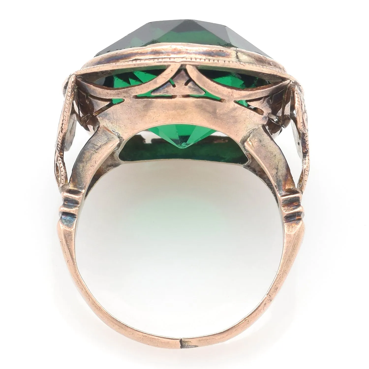 Antique 10K Yellow Gold Green Paste Round Cocktail Ring