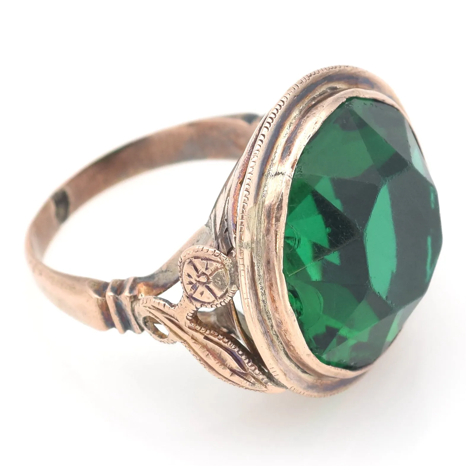 Antique 10K Yellow Gold Green Paste Round Cocktail Ring