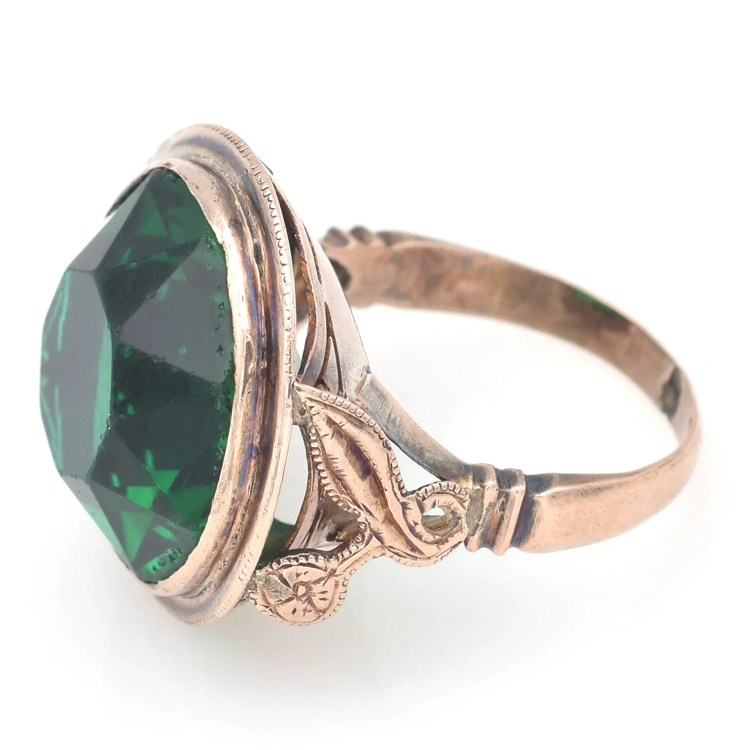 Antique 10K Yellow Gold Green Paste Round Cocktail Ring