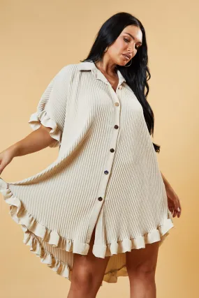 Beige Pleat Detail Frill Sleeve Oversized Dress - Sana