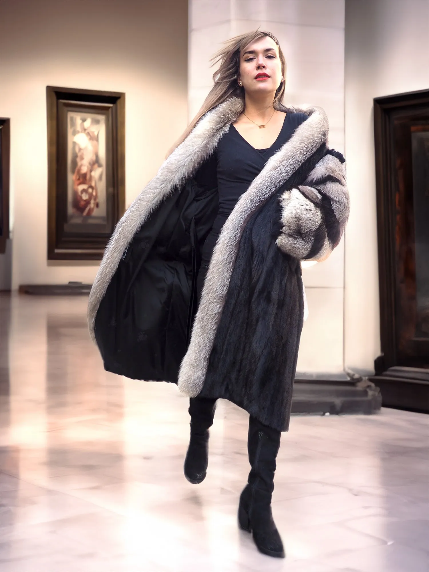 Black Mink Coat With Indigo fox Sleeves And Collar M/L