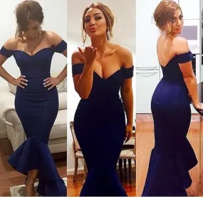 blue prom dress, long prom dress, formal mermaid prom dress, off shoulder prom dress, hi-lo evening dress, BD95