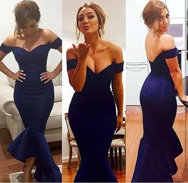 blue prom dress, long prom dress, formal mermaid prom dress, off shoulder prom dress, hi-lo evening dress, BD95