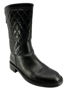 CHANEL Black Calfskin Quilted CC Boots Size 8.5