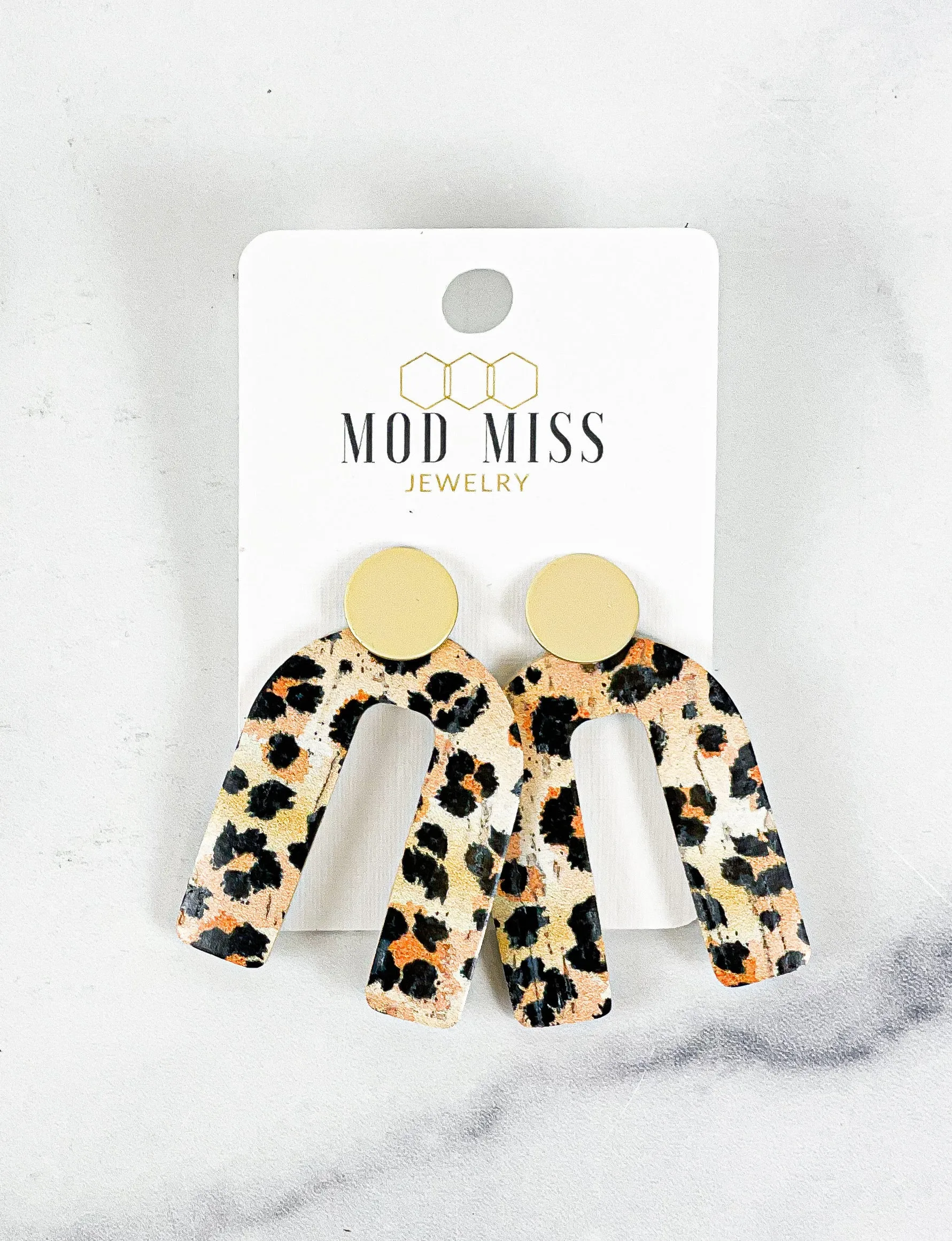 Cork Leather Arch Earring Leopard Peach