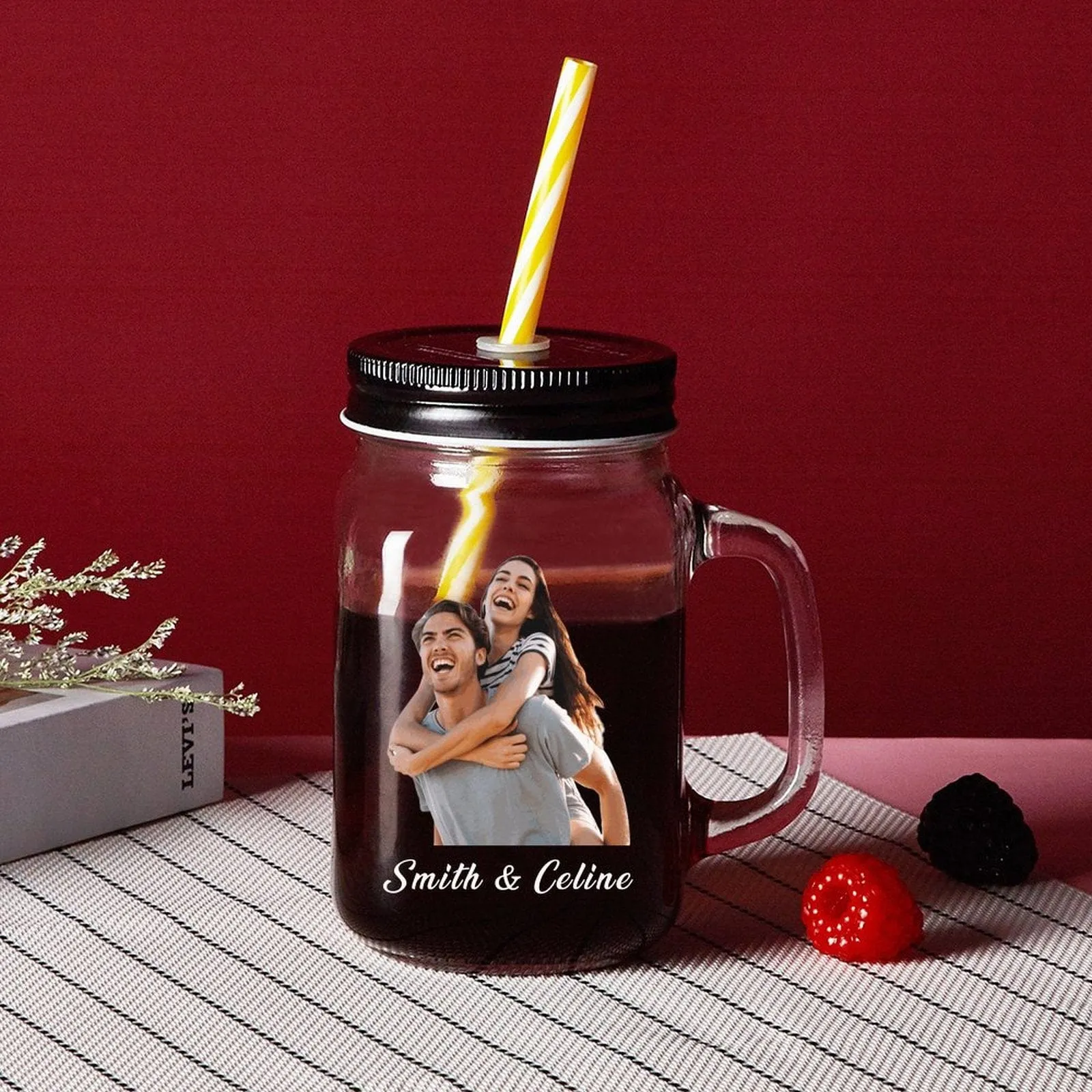 Custom Photo&Name 16OZ Mason Cup with Handle&Lid Personalized Drinking Glass Gift Mason Jar Wedding Gifts Favors