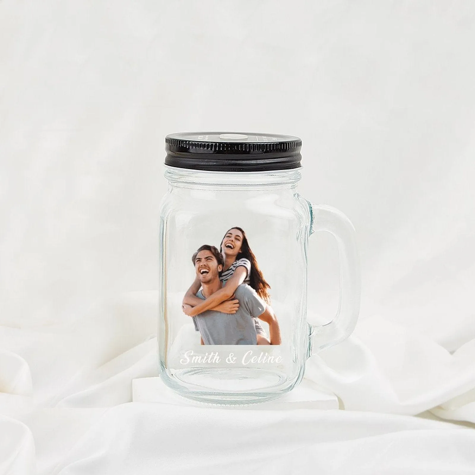 Custom Photo&Name 16OZ Mason Cup with Handle&Lid Personalized Drinking Glass Gift Mason Jar Wedding Gifts Favors