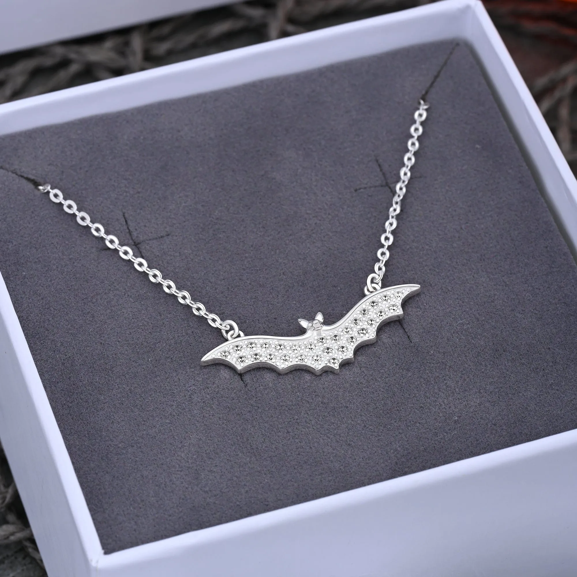 CZ Vampire Bat Necklace Sterling Silver