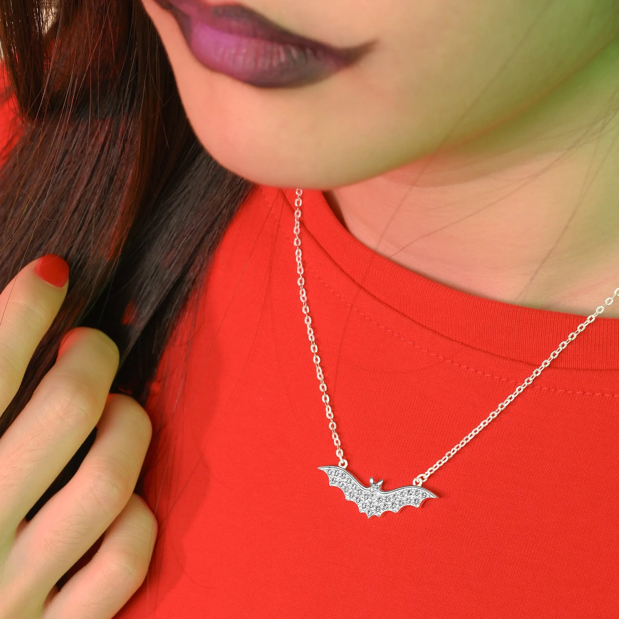 CZ Vampire Bat Necklace Sterling Silver