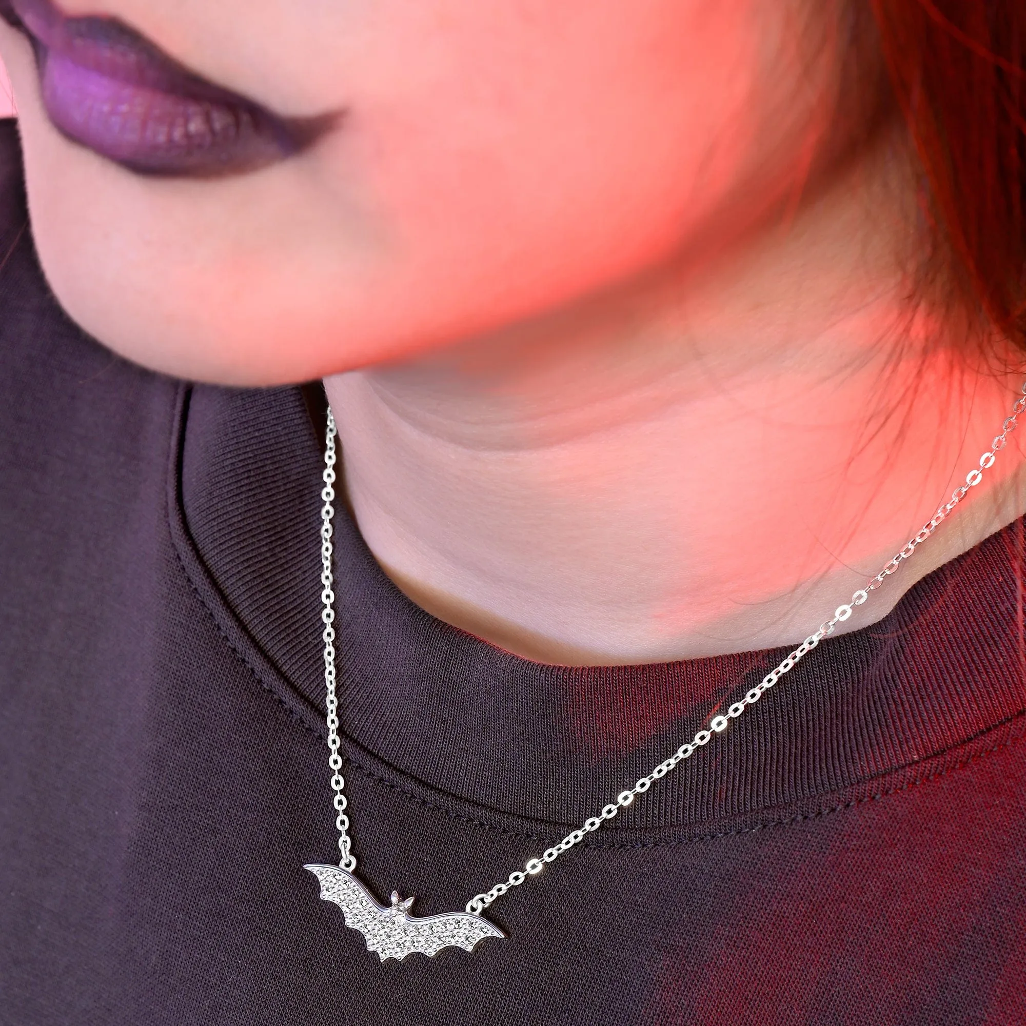 CZ Vampire Bat Necklace Sterling Silver