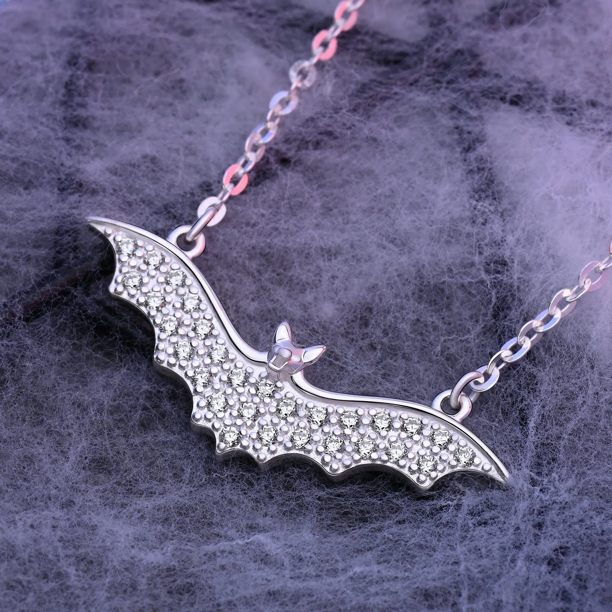 CZ Vampire Bat Necklace Sterling Silver