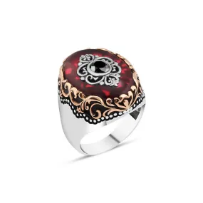 Eye Figure on Red Ellipse Synthetic Amber Stone Silver Men's Ring with Wavy Top Pattern Around