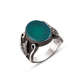 Green Agate Stone Small Ellipse Silver Men’s Ring Siding Silver Ottoman Tughra