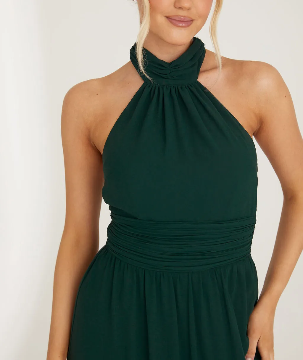 Halter Neck Pleated Waist Chiffon Bridesmaid Dress - Emerald