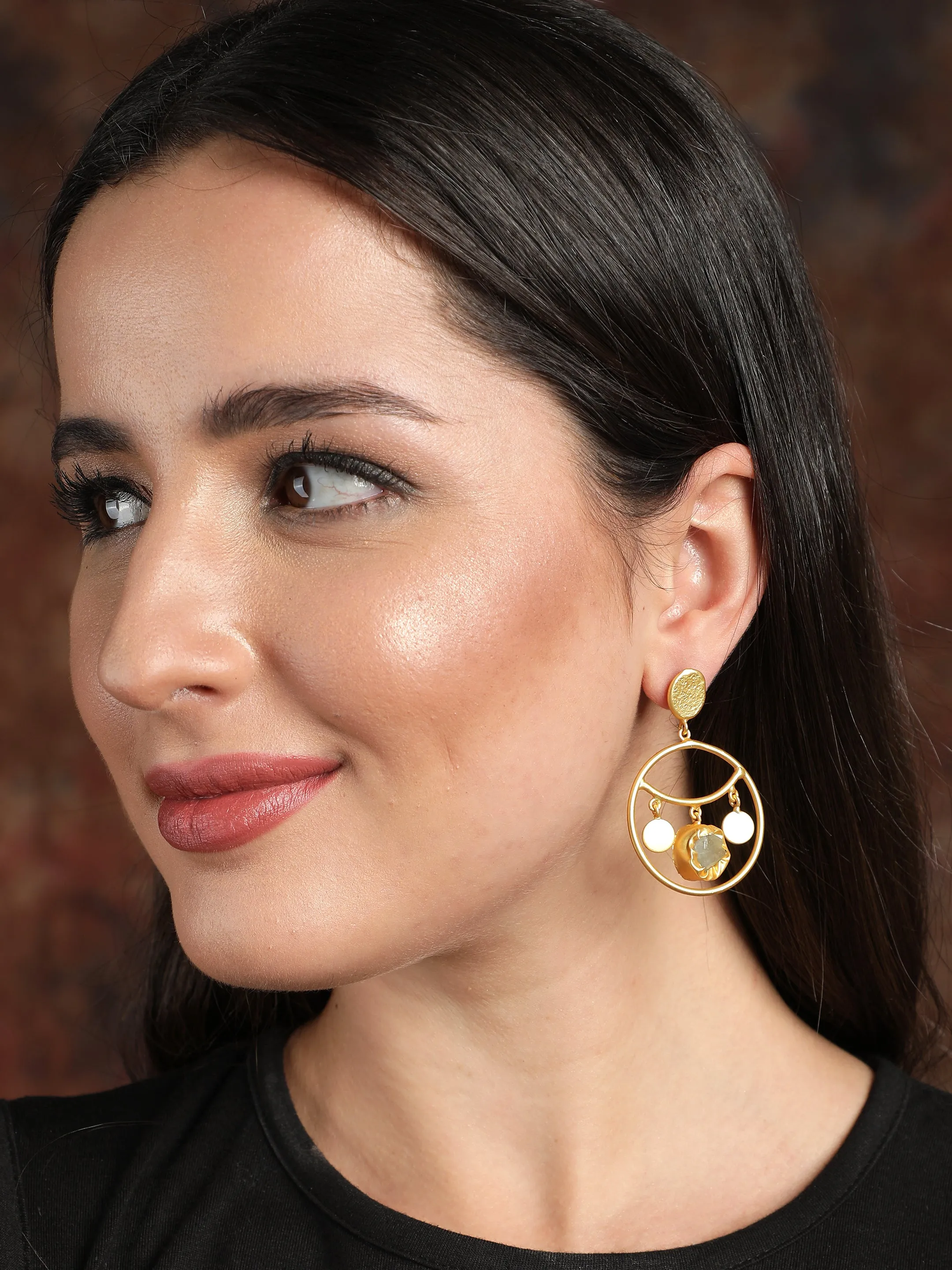 Ishin Gold Plated Fancy Stone Circular Shaped Drop Earring