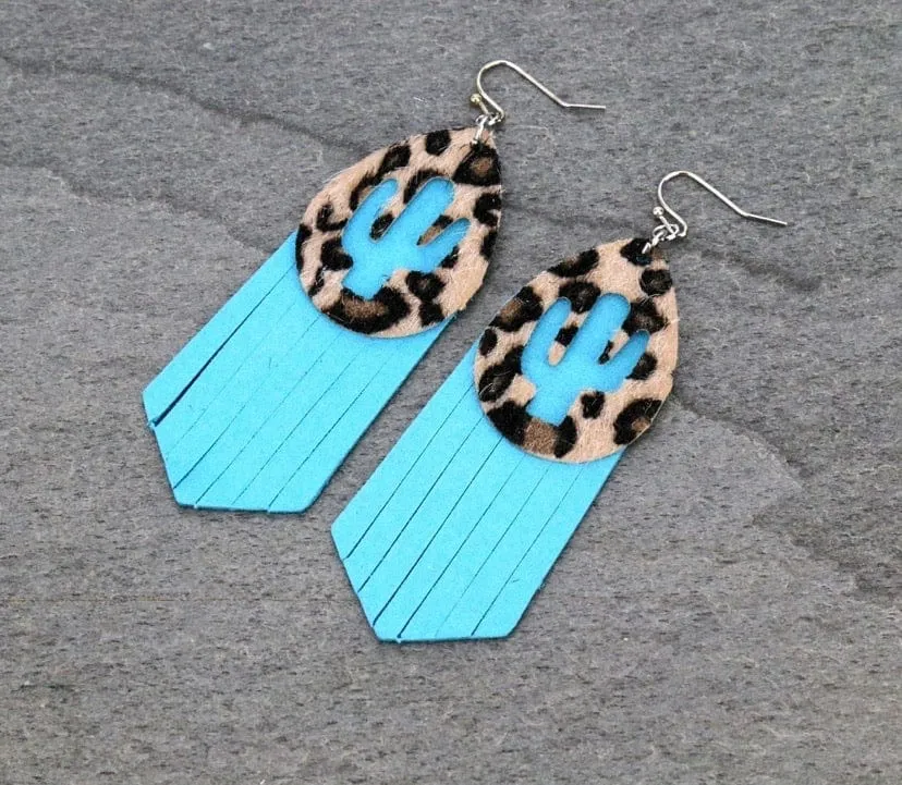 Leopard cactus fringe earrings