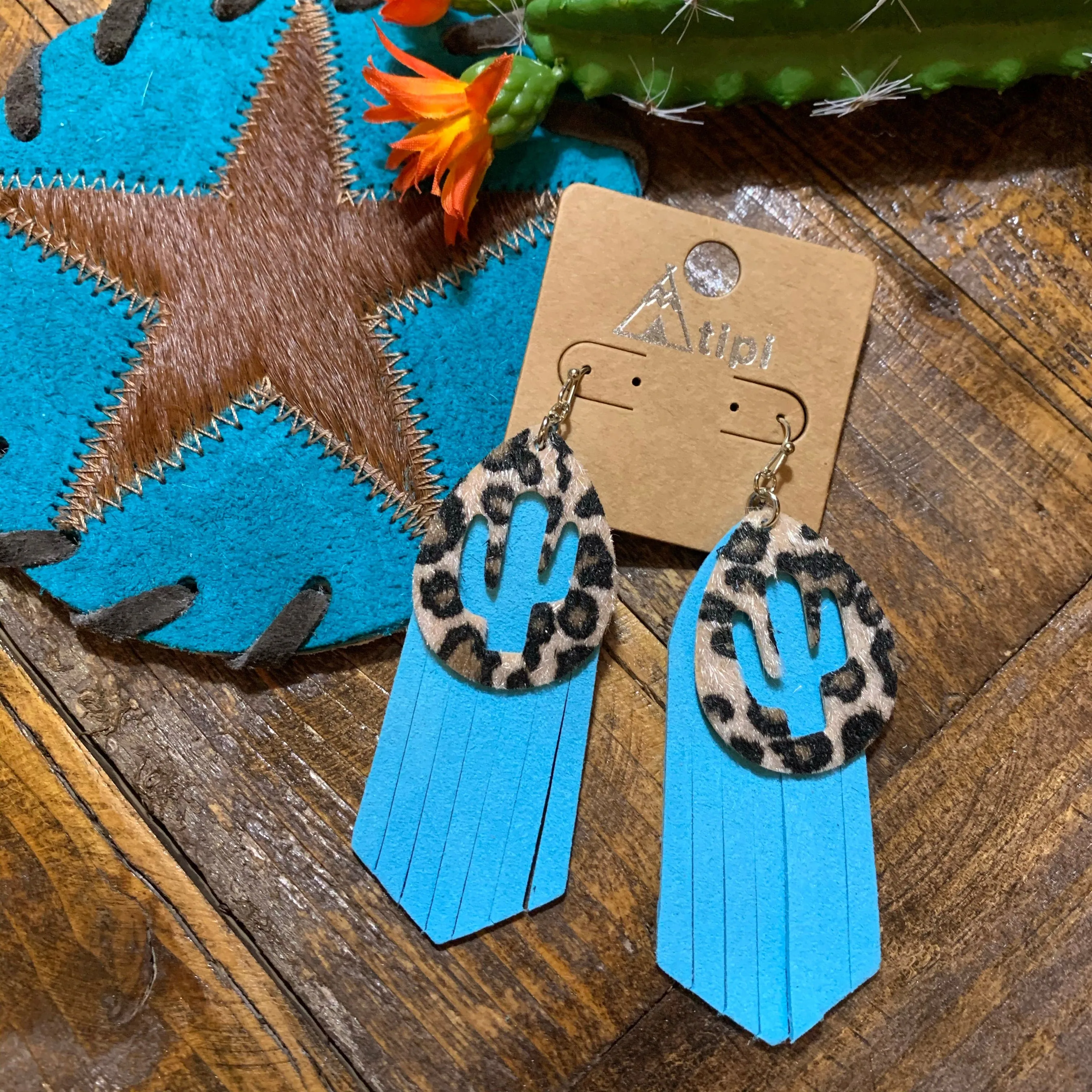 Leopard cactus fringe earrings