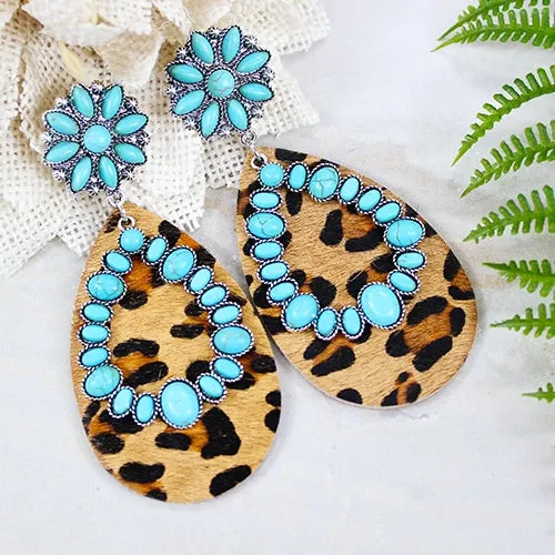 Leopard Teardrop earrings with Turquoise conchos