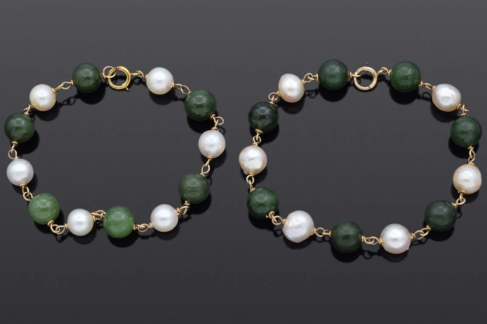 Lot of 2 Vintage Green Jade & Pearl 14K Yellow Gold Station Bracelets 6.5 Inches