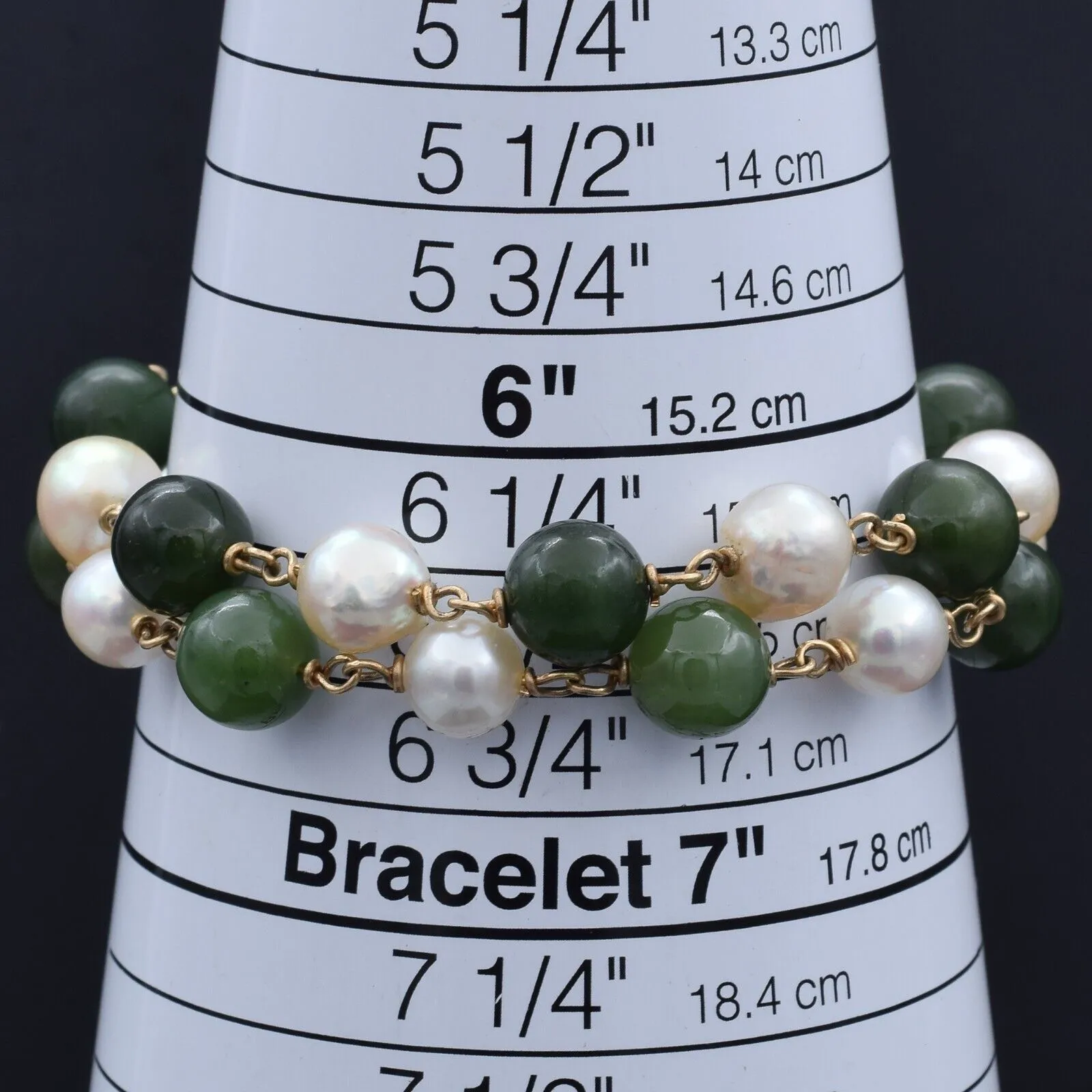 Lot of 2 Vintage Green Jade & Pearl 14K Yellow Gold Station Bracelets 6.5 Inches