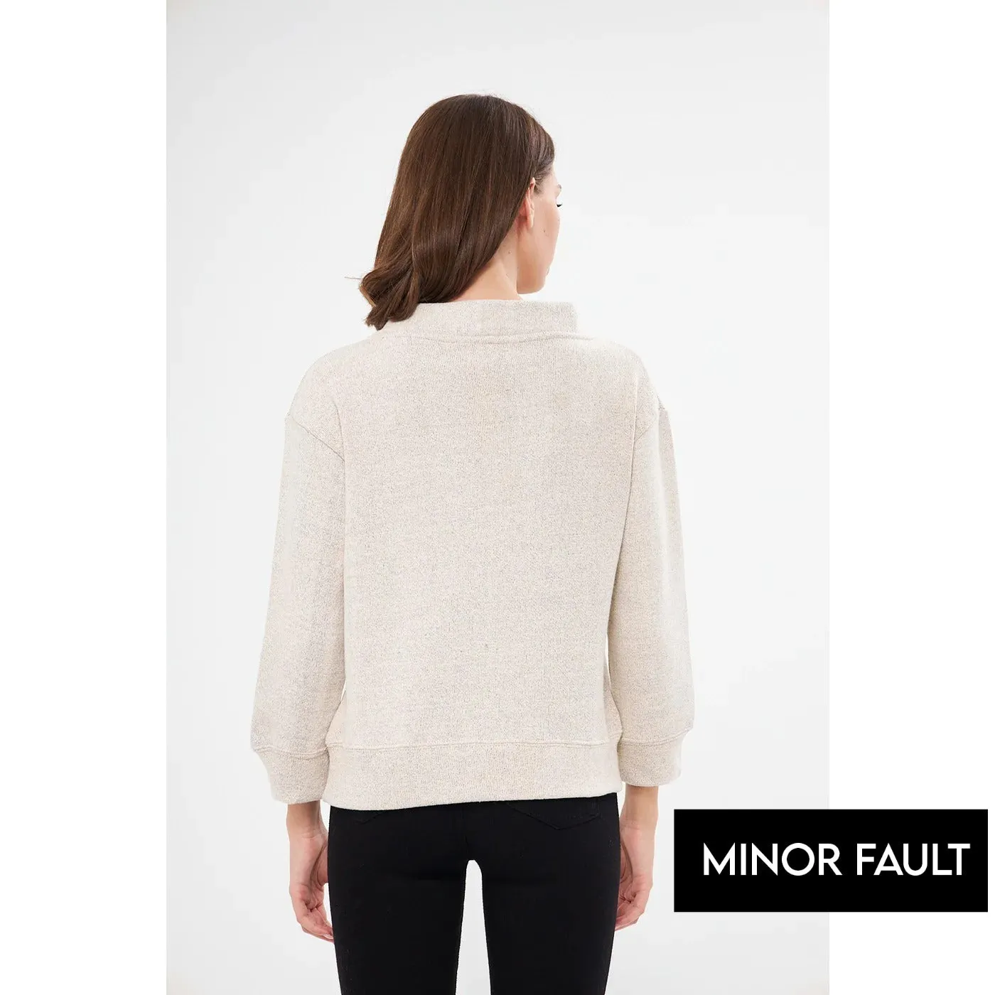 (Minor Fault) Cream V Neck Melange Sweatshirt