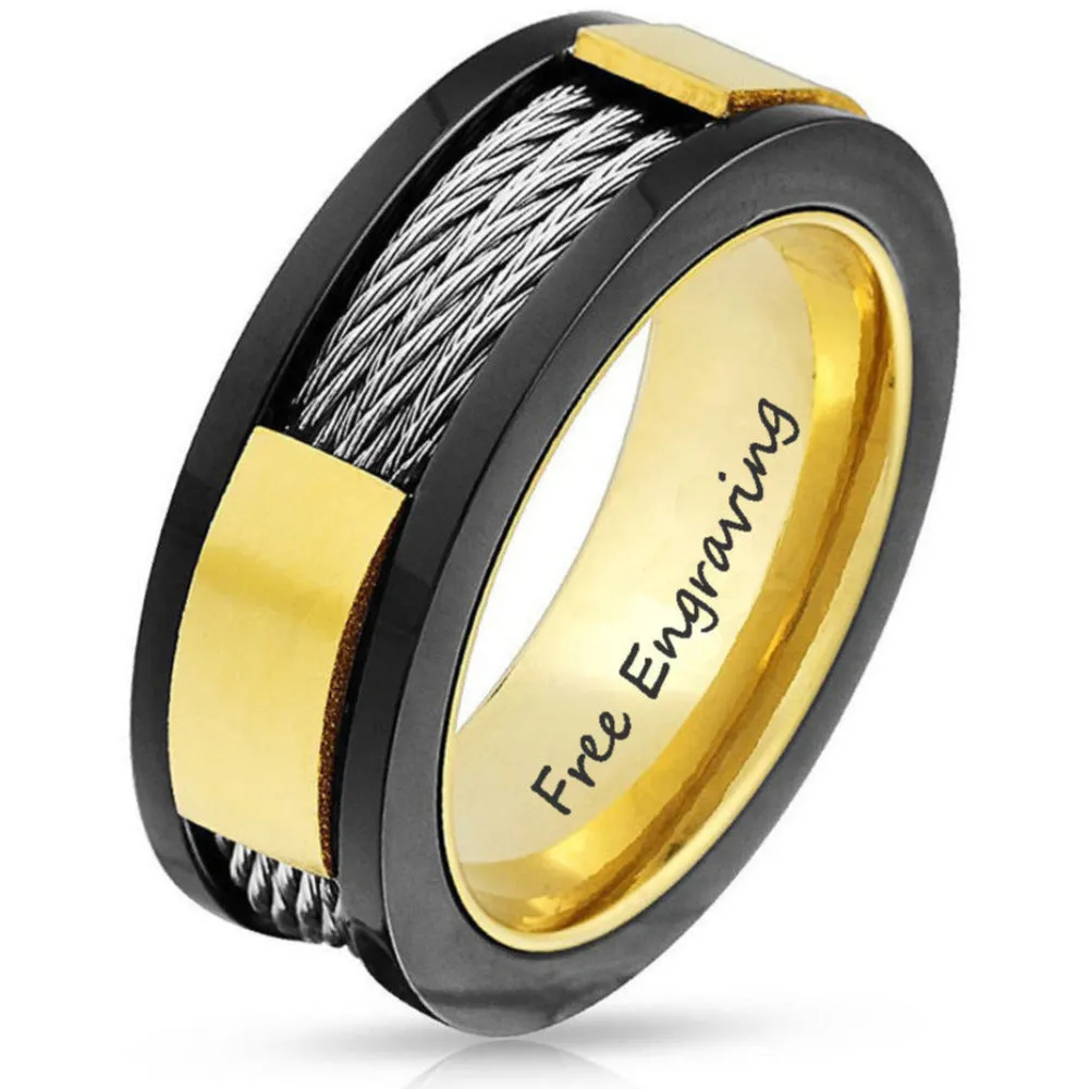 Personalized Engraved Men's Cable Inlay Promise Ring - Handwriting Ring