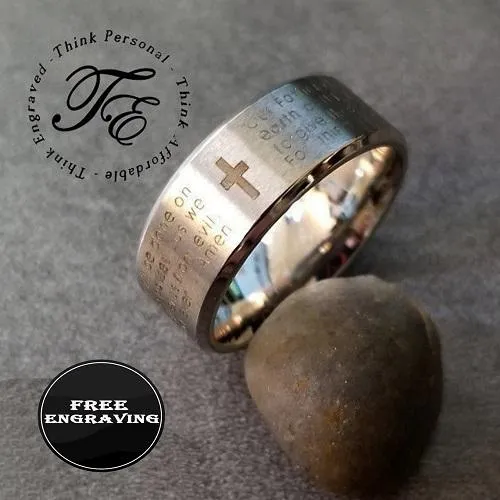 Personalized Men's Promise Ring - Lords Prayer Christian Cross Stainless Steel