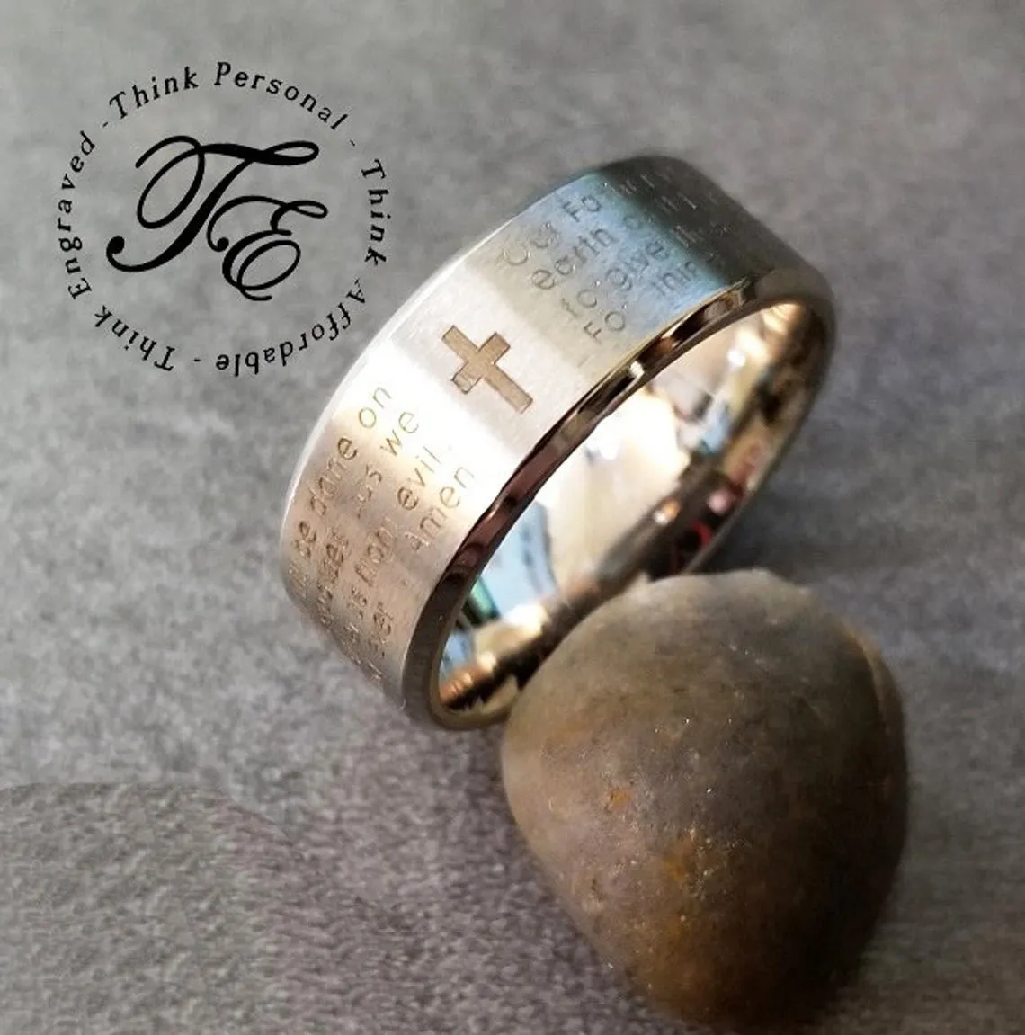 Personalized Men's Promise Ring - Lords Prayer Christian Cross Stainless Steel