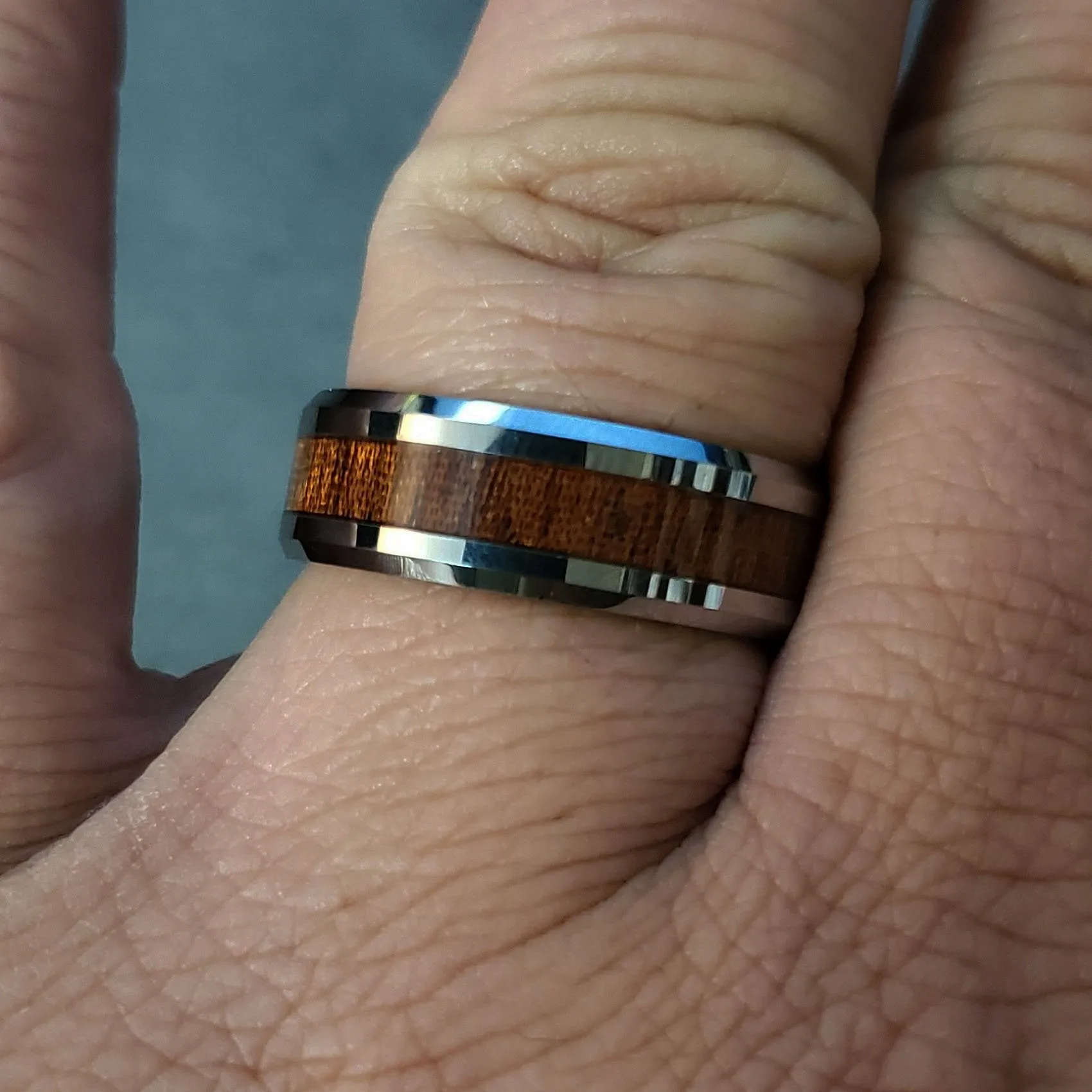 Personalized Men's Tungsten Wedding Band - Silver With Wood Inlay