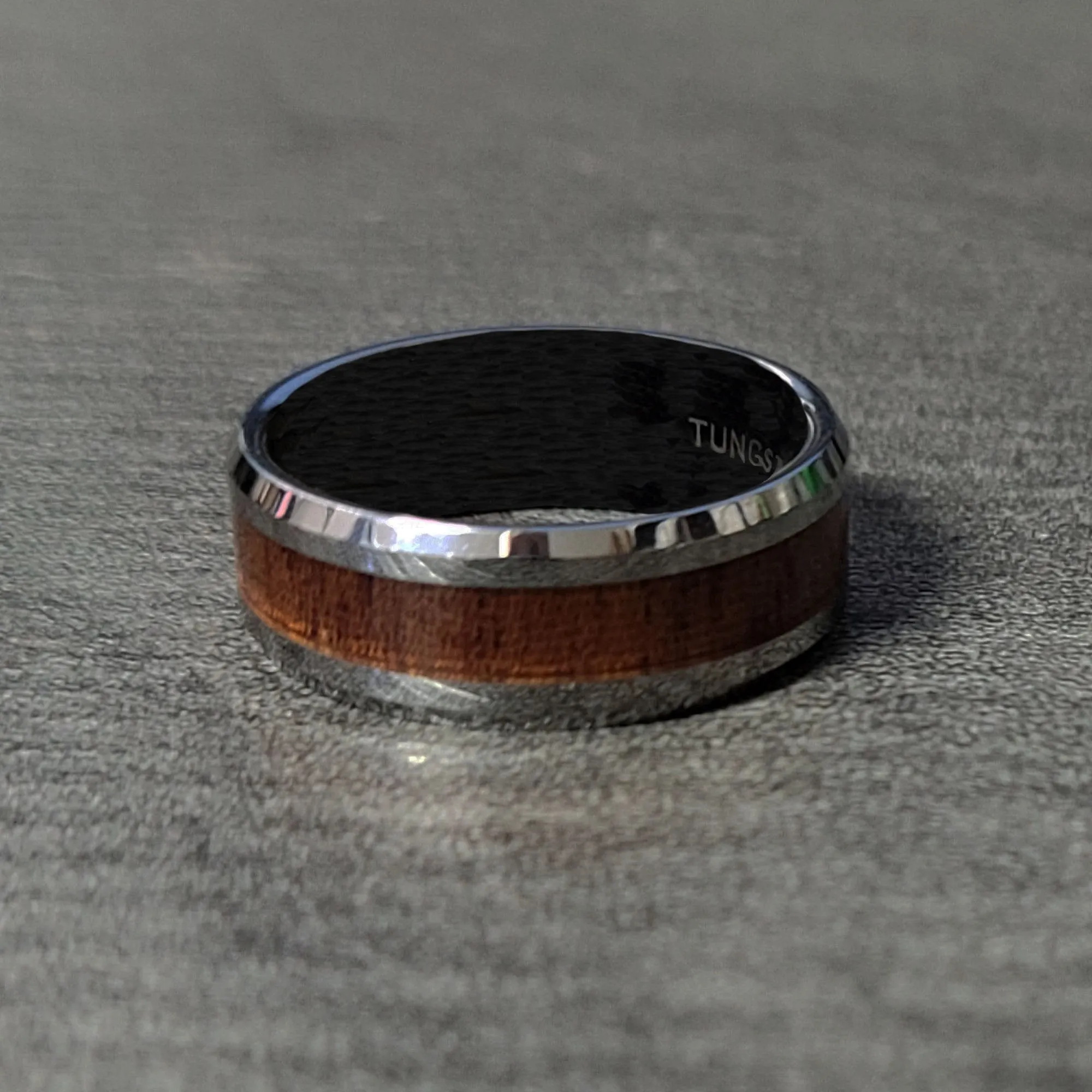 Personalized Men's Tungsten Wedding Band - Silver With Wood Inlay