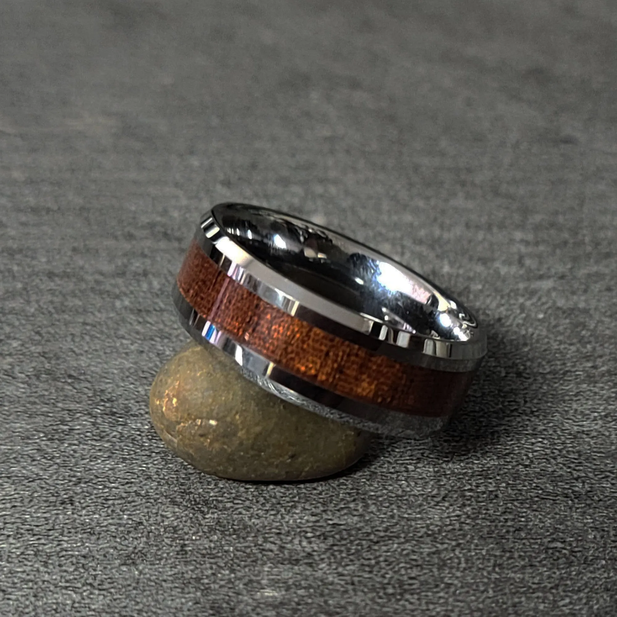 Personalized Men's Tungsten Wedding Band - Silver With Wood Inlay