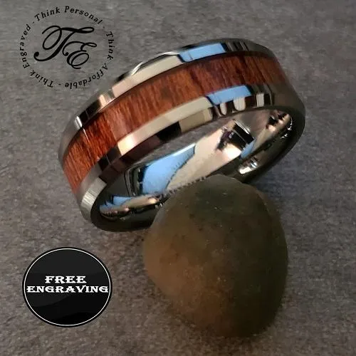 Personalized Men's Tungsten Wedding Band - Silver With Wood Inlay