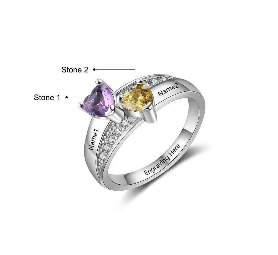 Personalized Mother's Ring 2 Heart Birthstones Stacked Hearts 2 Engraved Names