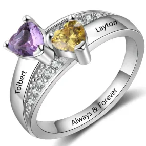 Personalized Mother's Ring 2 Heart Birthstones Stacked Hearts 2 Engraved Names