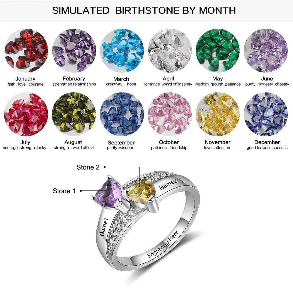 Personalized Mother's Ring 2 Heart Birthstones Stacked Hearts 2 Engraved Names