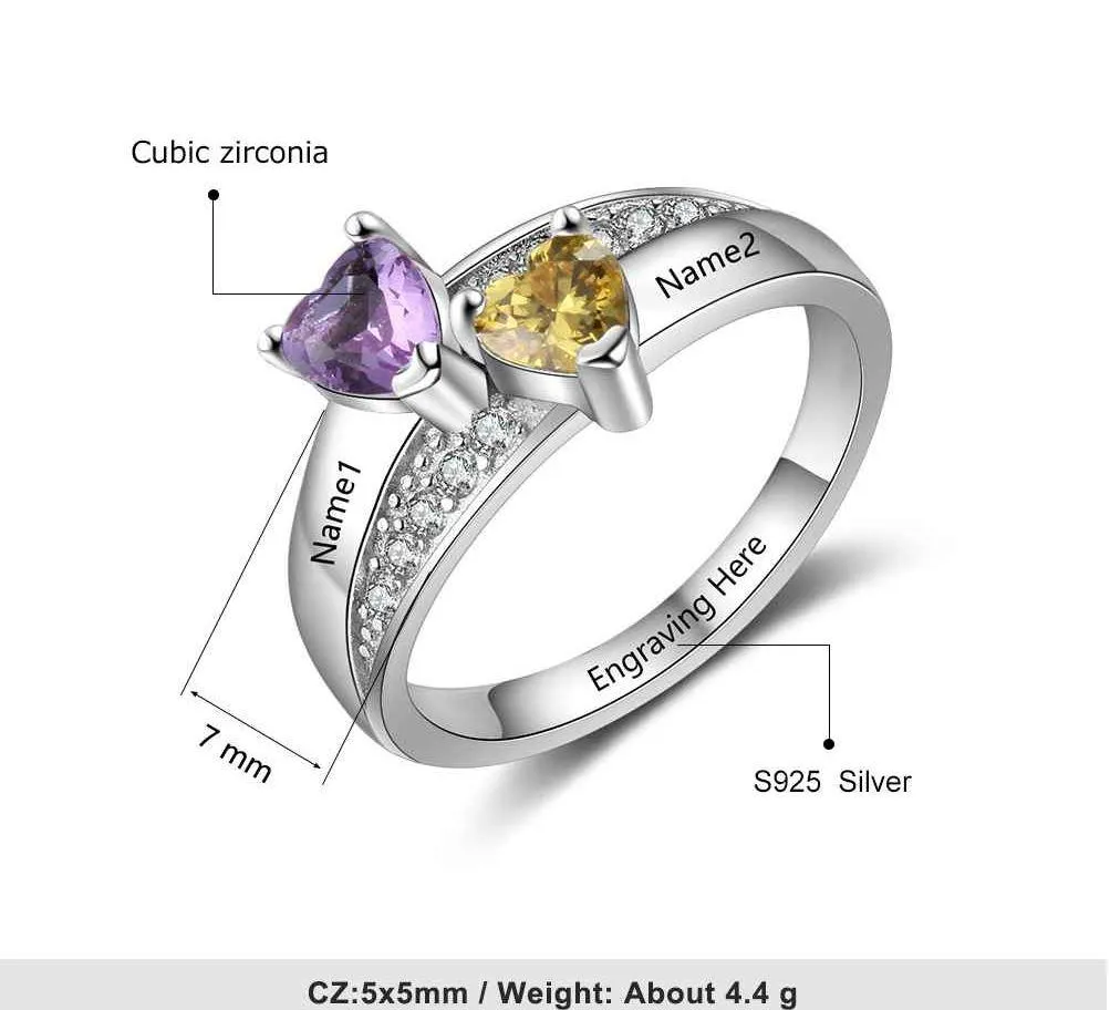 Personalized Mother's Ring 2 Heart Birthstones Stacked Hearts 2 Engraved Names