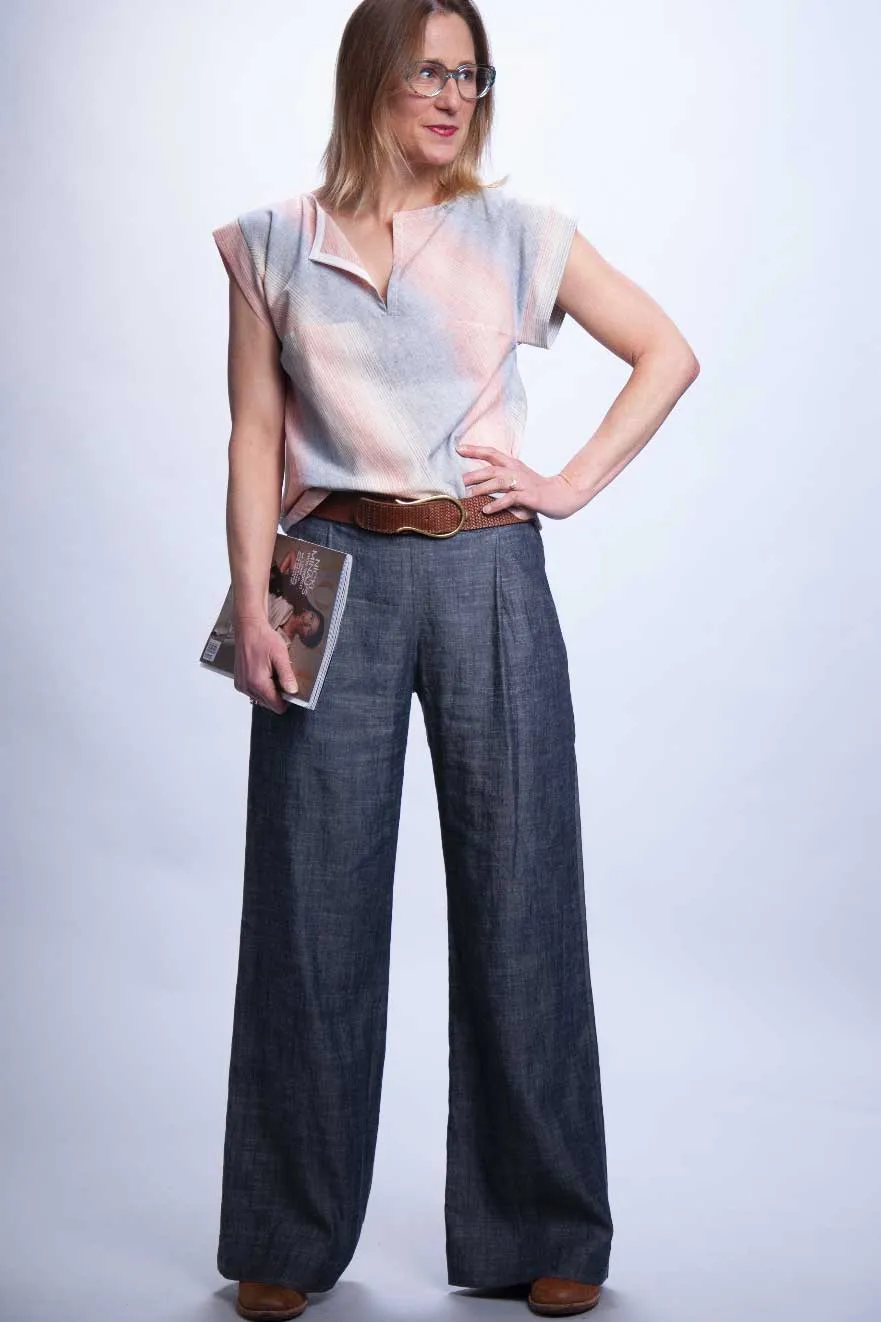 Pleated Wide Leg Trousers - Denim Chambray