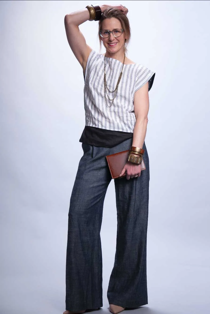 Pleated Wide Leg Trousers - Denim Chambray