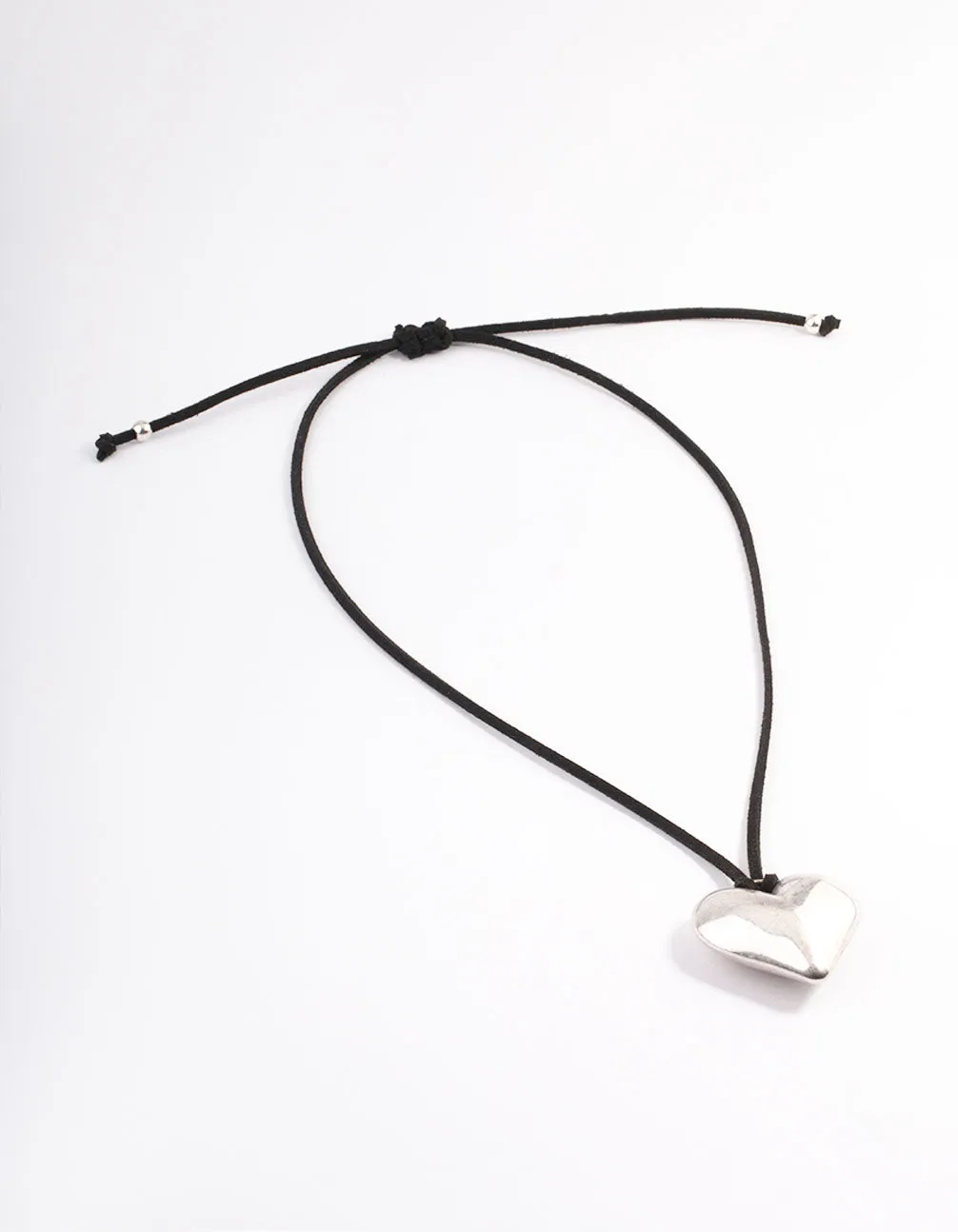 Rhodium Puffy Heart Black Suede Adjustable Cord Necklace