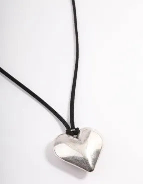 Rhodium Puffy Heart Black Suede Adjustable Cord Necklace