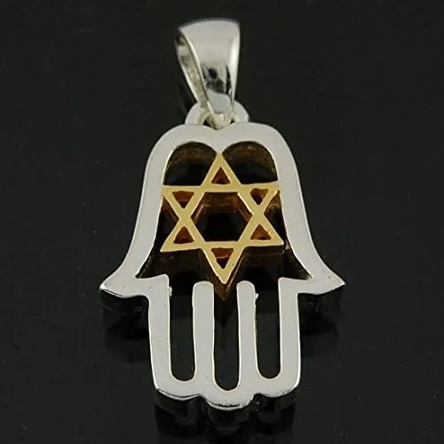 Sterling Silver Gold Hamsa Star of David Pendant   Sterling Silver Chain