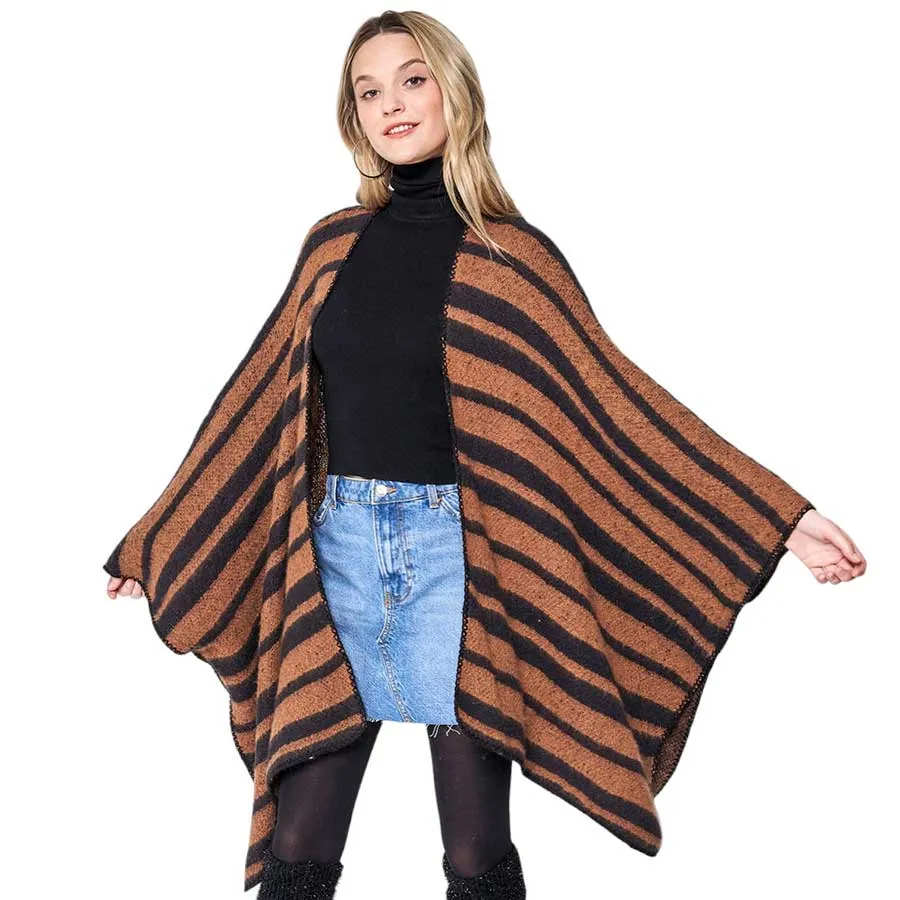 Striped Cozy Two Tone Knit Kimono Poncho