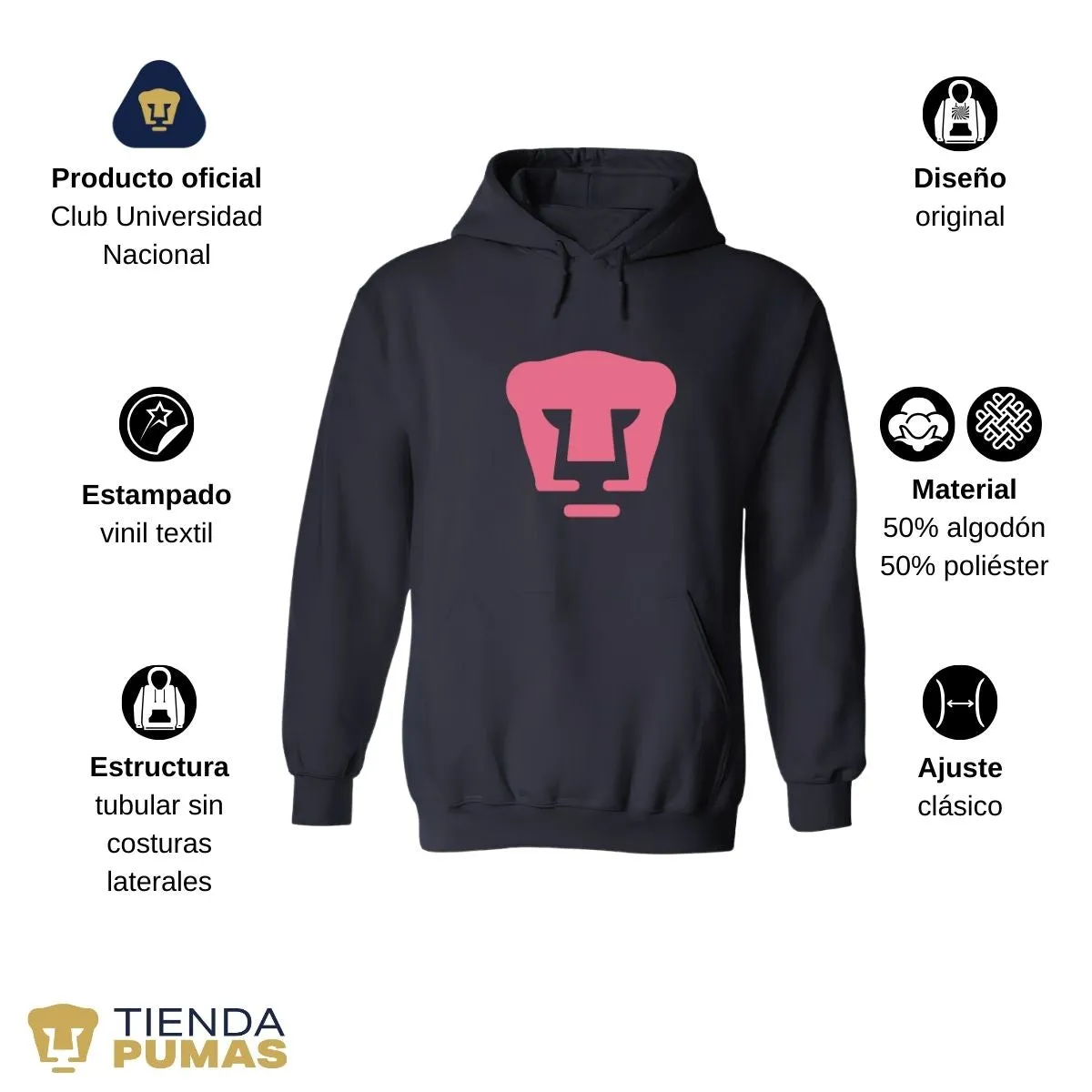 Sudadera Hombre Hoodie Pumas UNAM Logo Rosa Vinil